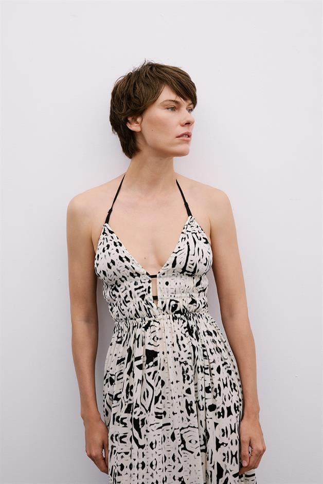 Cut-Out Patterned Black Midi Dress