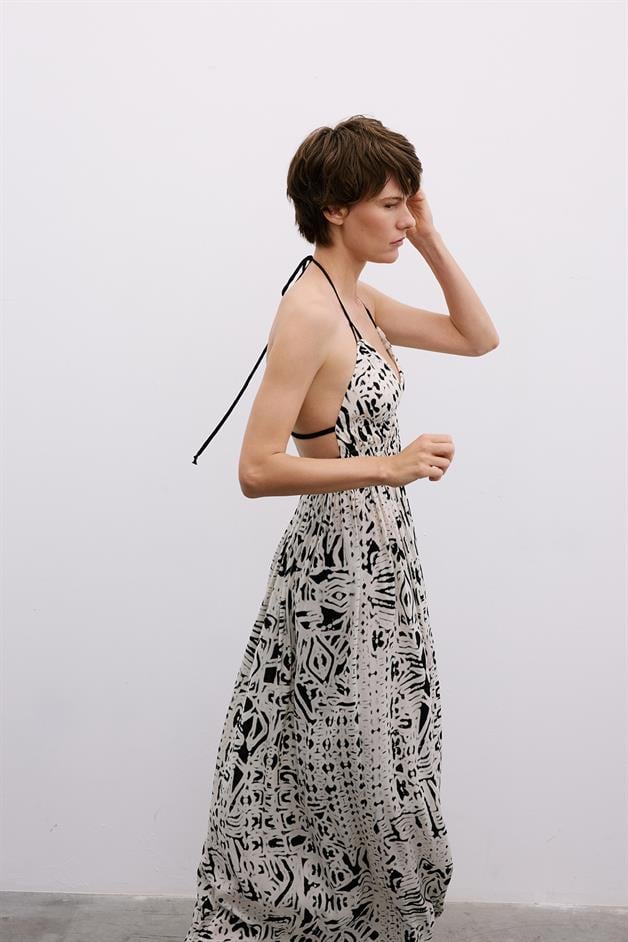 Cut-Out Patterned Black Midi Dress