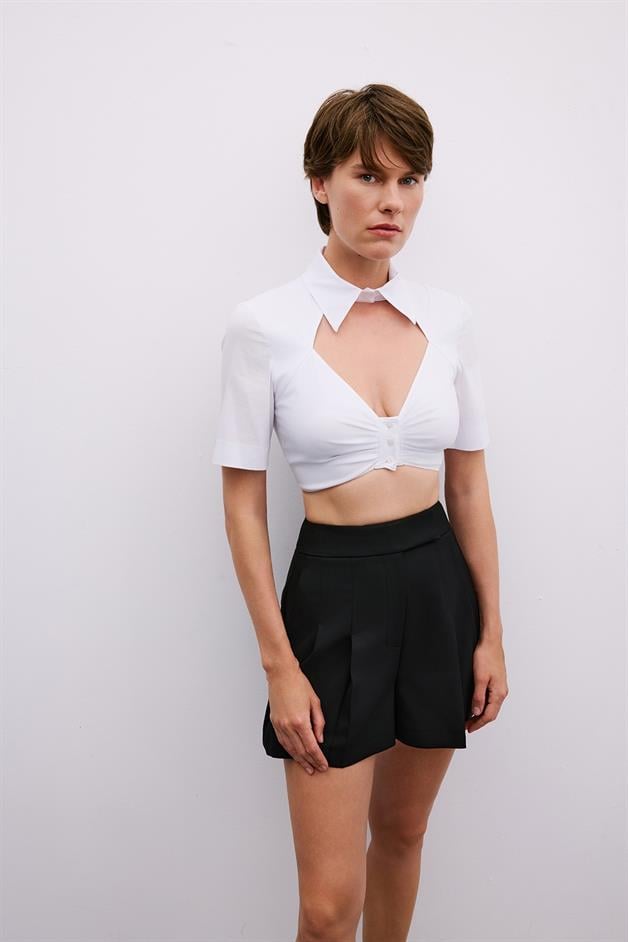 Cut-Out Detail Short Sleeve White Blouse