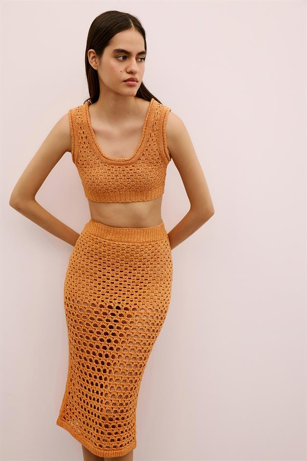Open-Knit Ribbed Orange Bustier