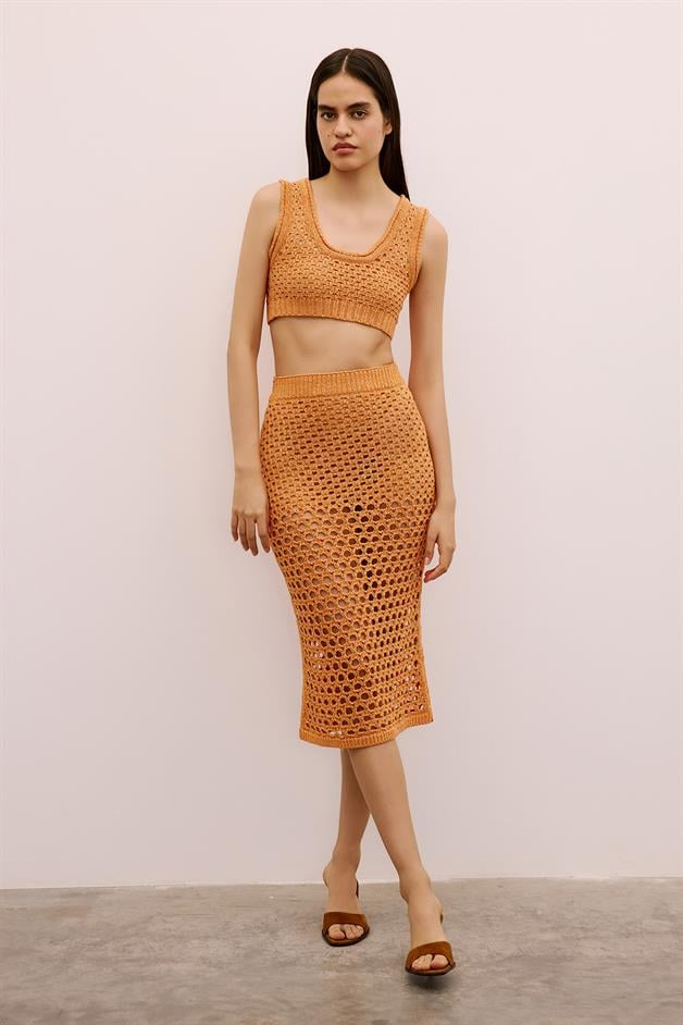Open-Knit Ribbed Orange Midi Skirt
