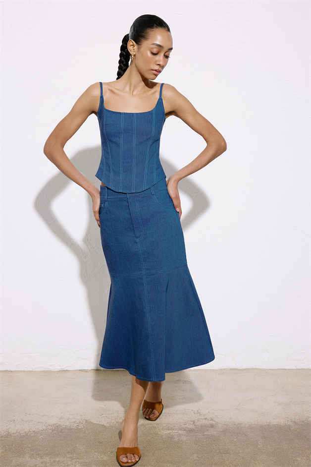 Denim Dokulu Midi Mavi Etek