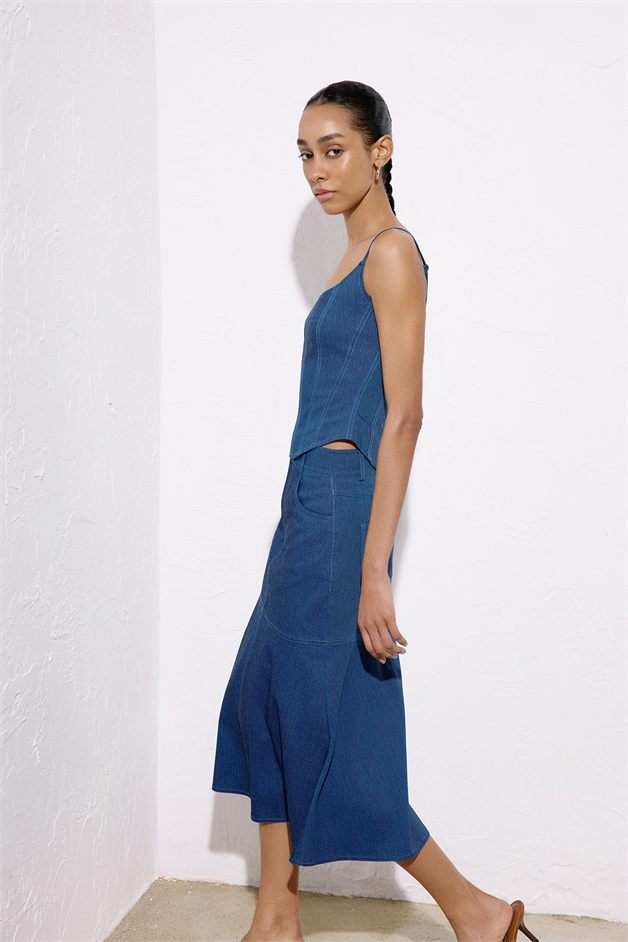 Denim Dokulu Midi Mavi Etek