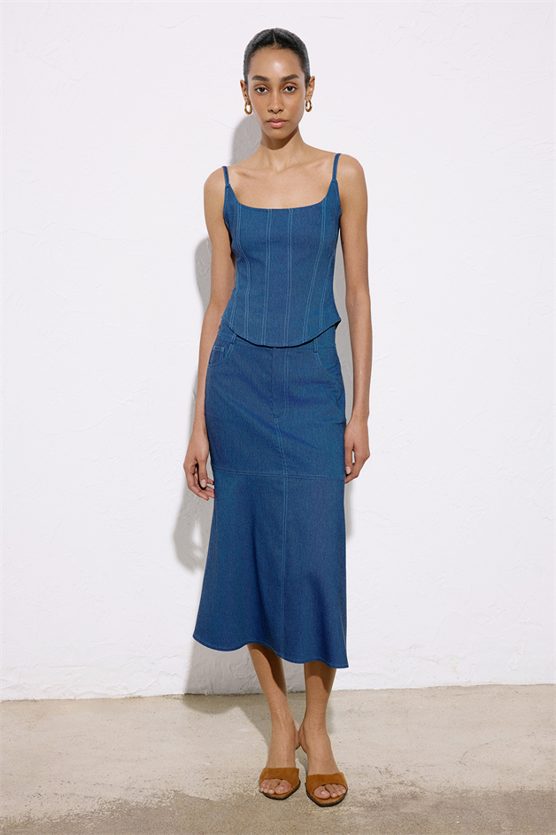 Denim Dokulu Midi Mavi Etek