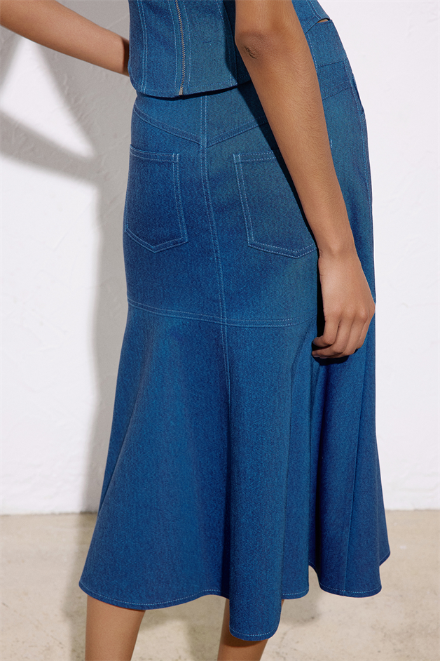 Denim Dokulu Midi Mavi Etek