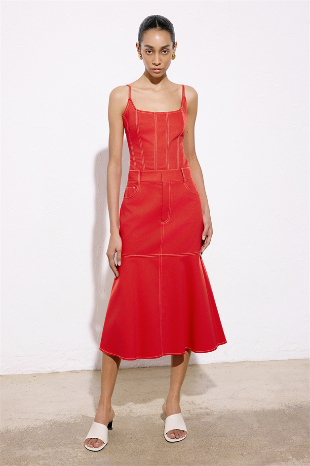 Denim Textured Midi Coral Skirt