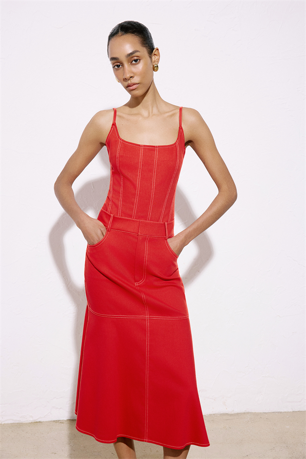 Denim Textured Midi Coral Skirt