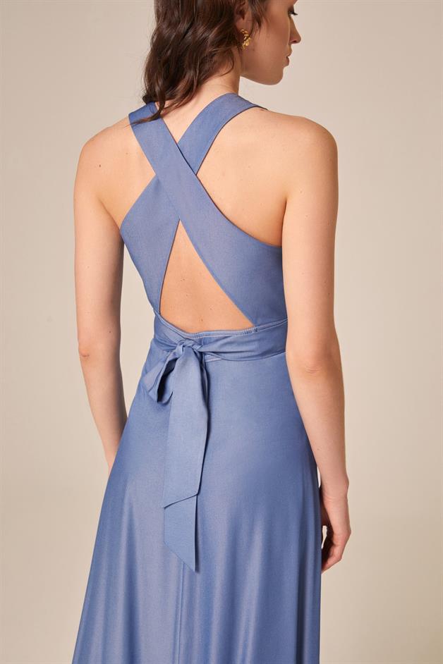 Denim Efektli İndigo Elbise