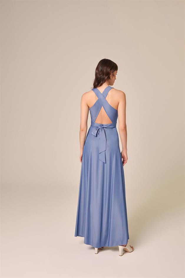 Denim Efektli İndigo Elbise