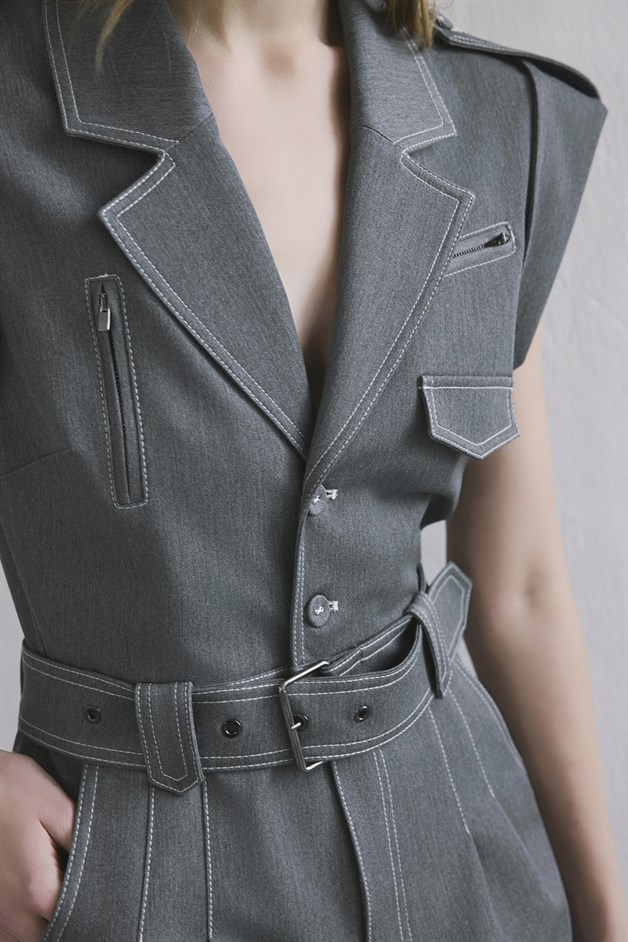 Denim Contrast Belted Grey Jumpsuit