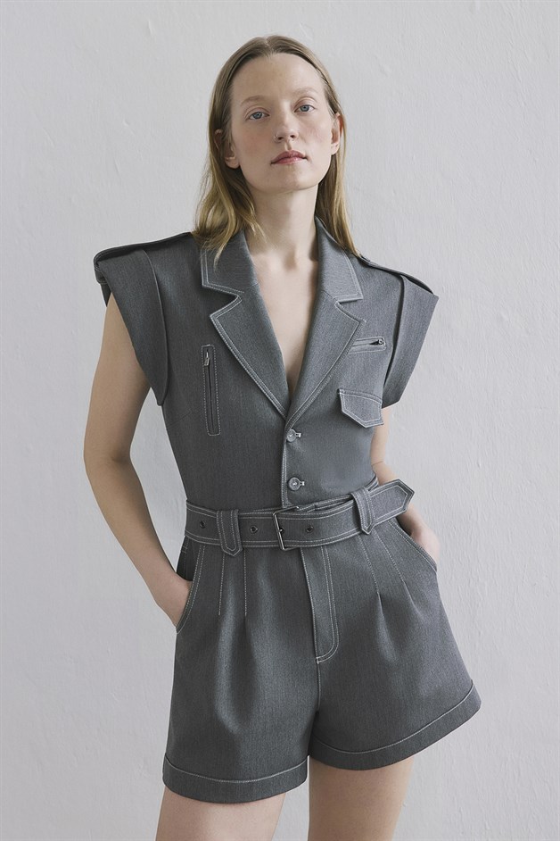 Denim Contrast Belted Grey Jumpsuit