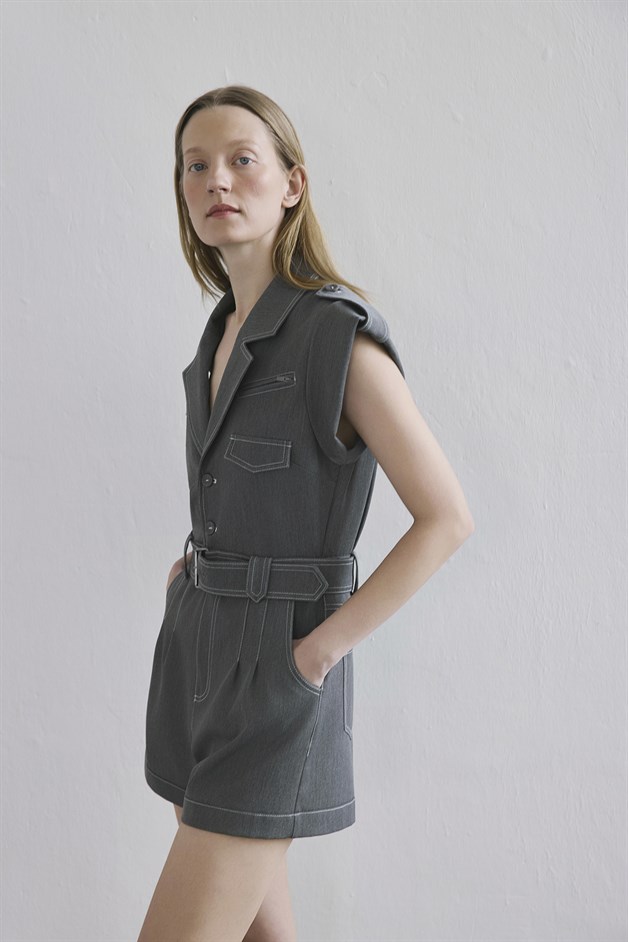Denim Contrast Belted Grey Jumpsuit