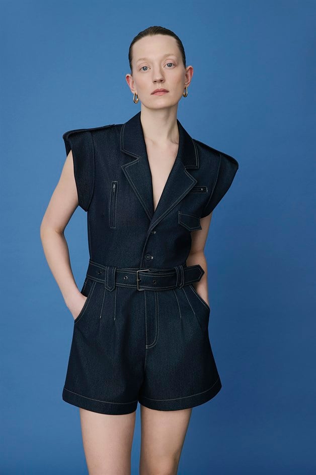 Denim Kontras Kemerli Lacivert Tulum