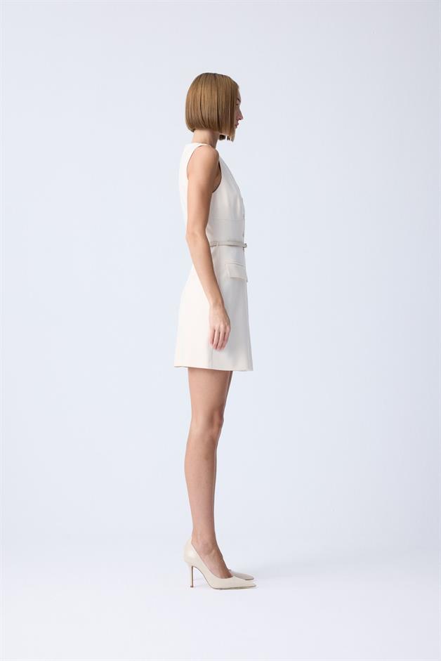 Leather Belted Button-Front Ecru Mini Dress