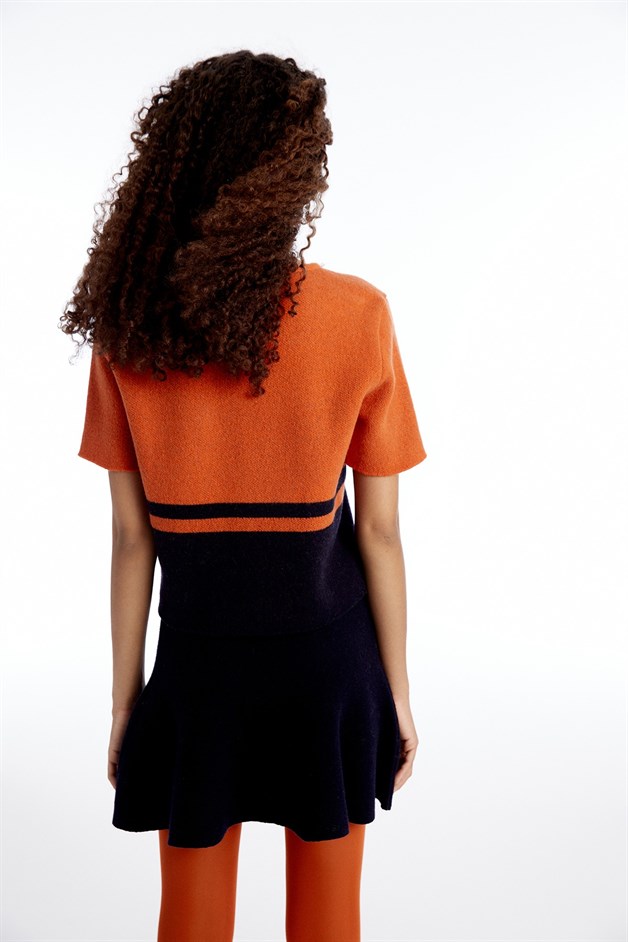 Desenli Crop Lacivert Triko T-Shirt