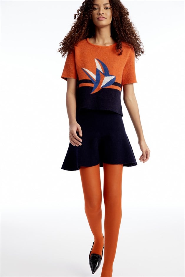 Desenli Crop Lacivert Triko T-Shirt