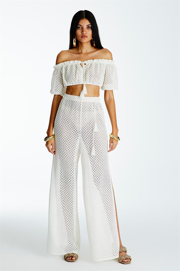 Desenli Ekru Örme Pantolon
