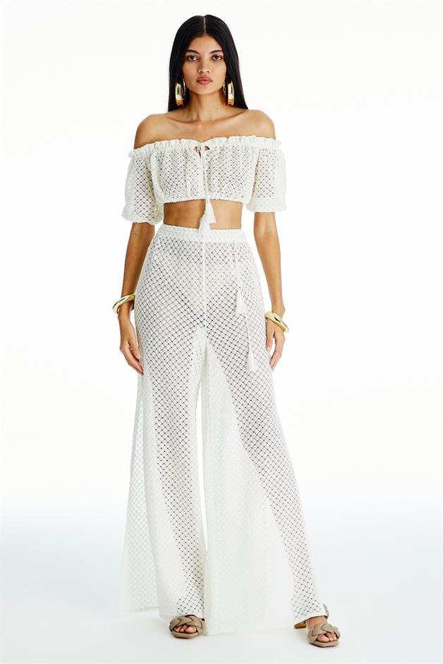 Desenli Ekru Örme Pantolon