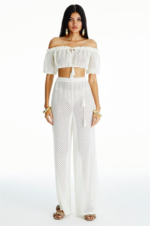 Desenli Ekru Örme Pantolon