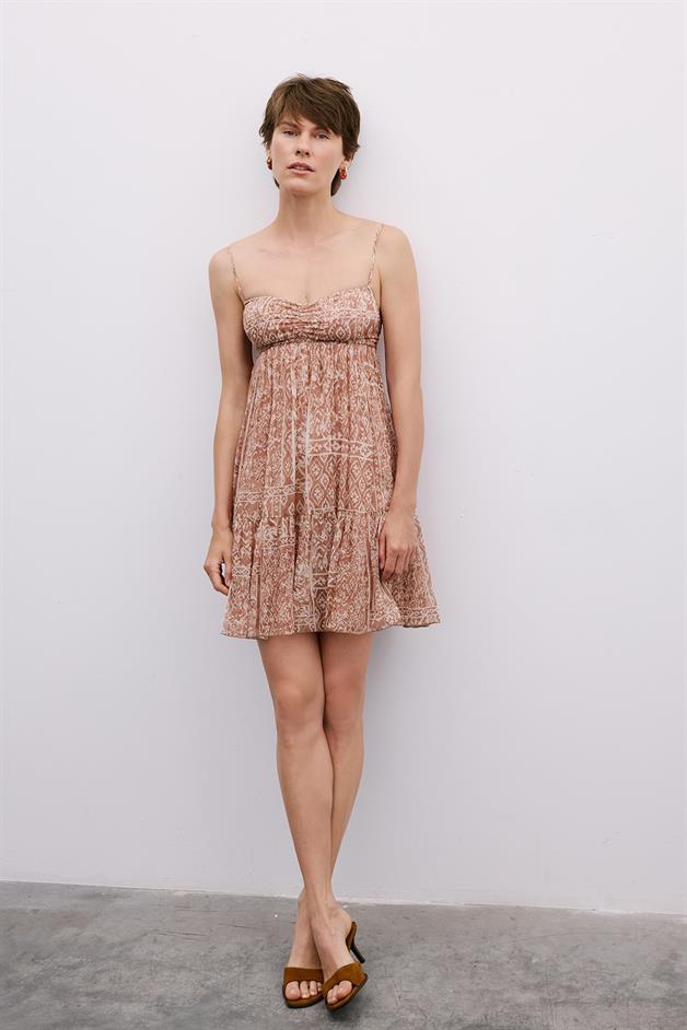 Patterned Backless Mini Camel Dress