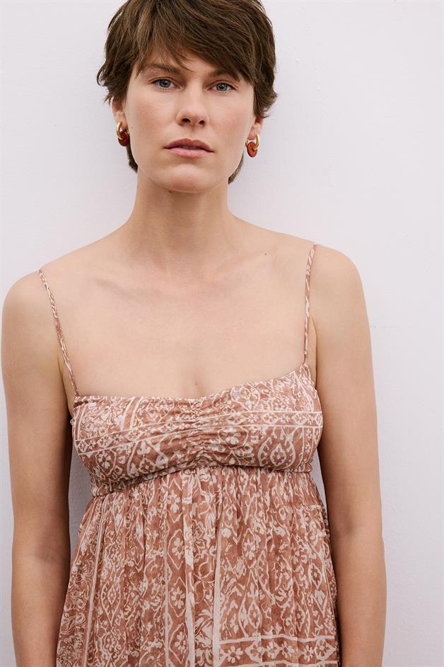 Patterned Backless Mini Camel Dress