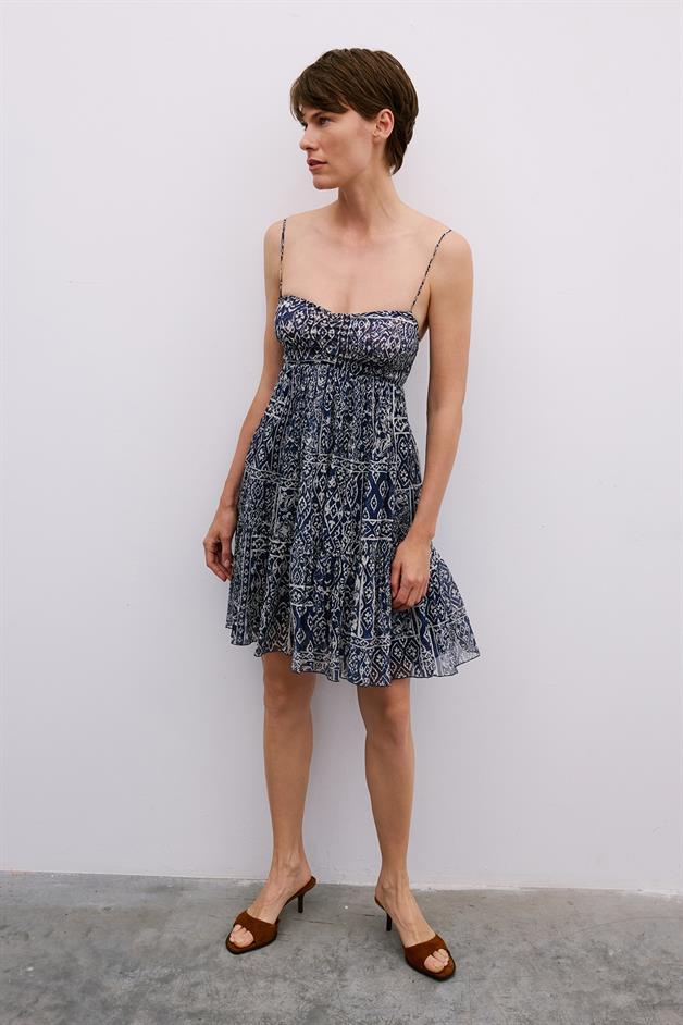 Patterned Backless Mini Navy Dress