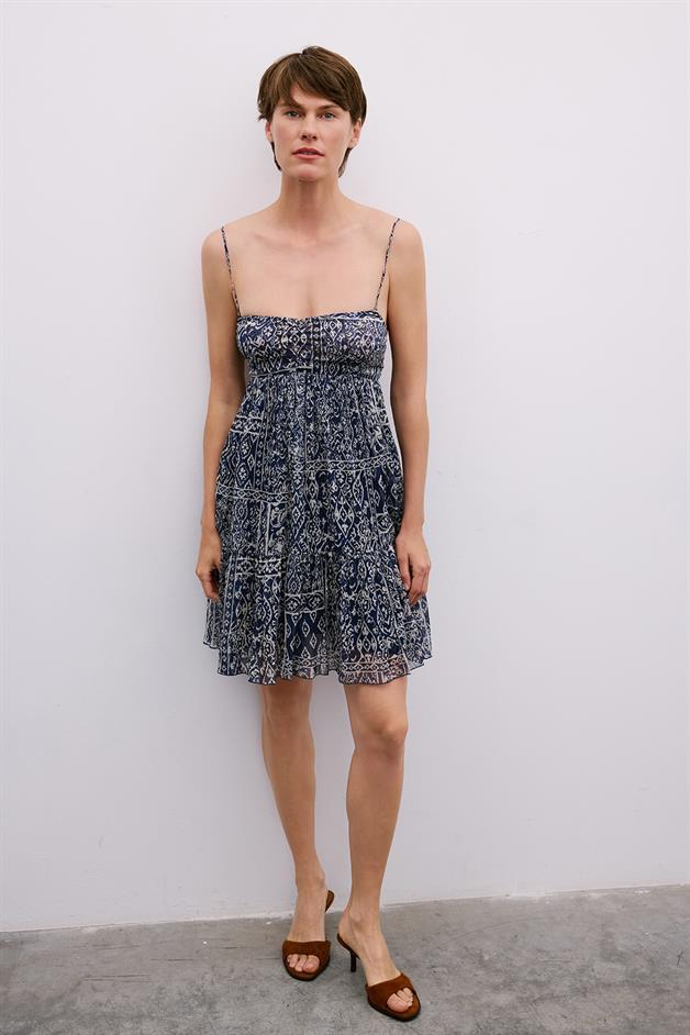 Patterned Backless Mini Navy Dress