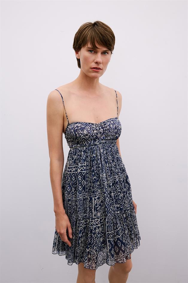 Patterned Backless Mini Navy Dress