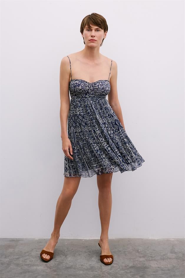 Patterned Backless Mini Navy Dress