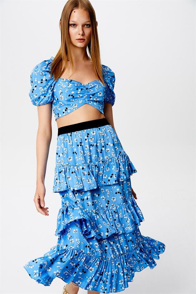 Printed Ruffled Blue Skirt