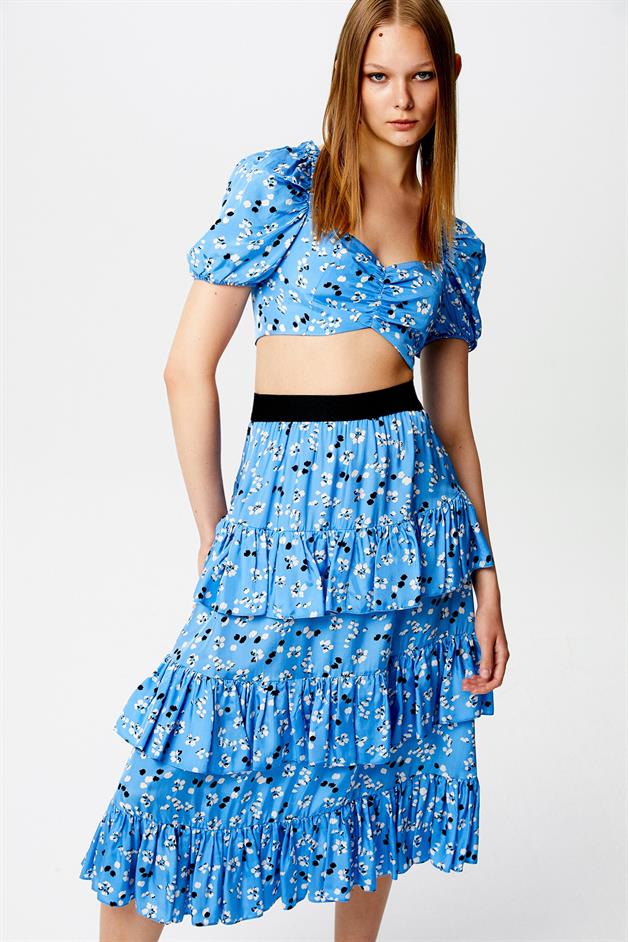 Printed Ruffled Blue Skirt