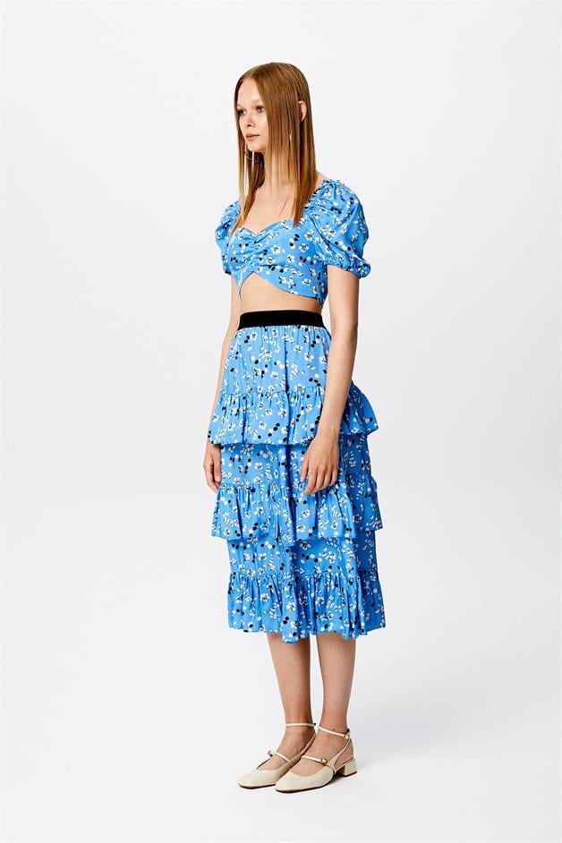 Printed Ruffled Blue Skirt