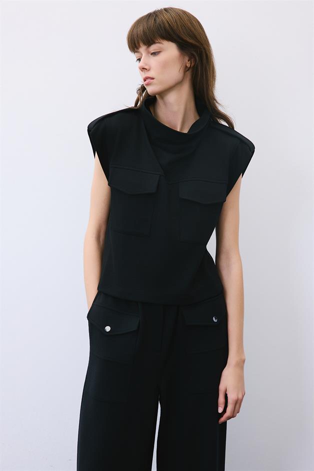 Black Wool Knit Blouse with Stitch Detail