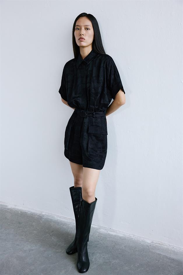 Textured Mini Black Jumpsuit