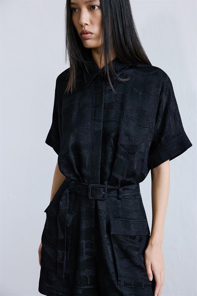 Textured Mini Black Jumpsuit