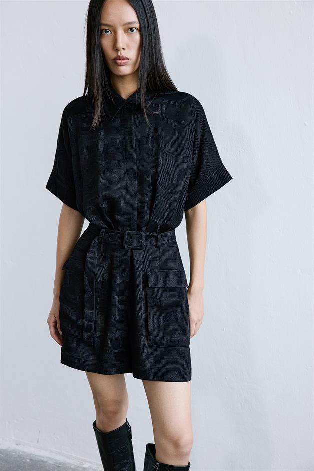 Textured Mini Black Jumpsuit