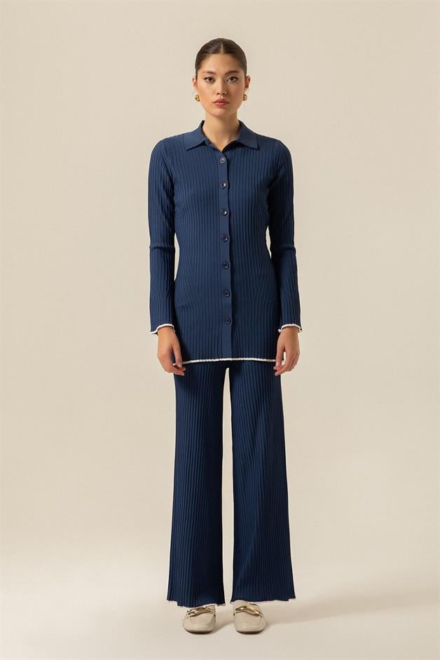 Dökümlü İndigo Triko Pantolon