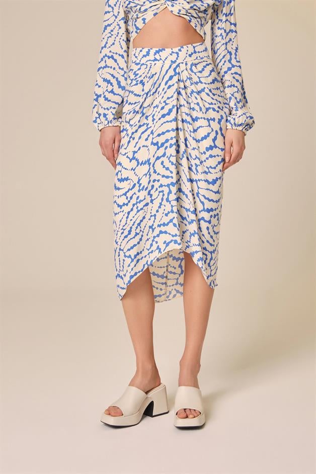 Drape Detaylı Desenli Mavi Etek