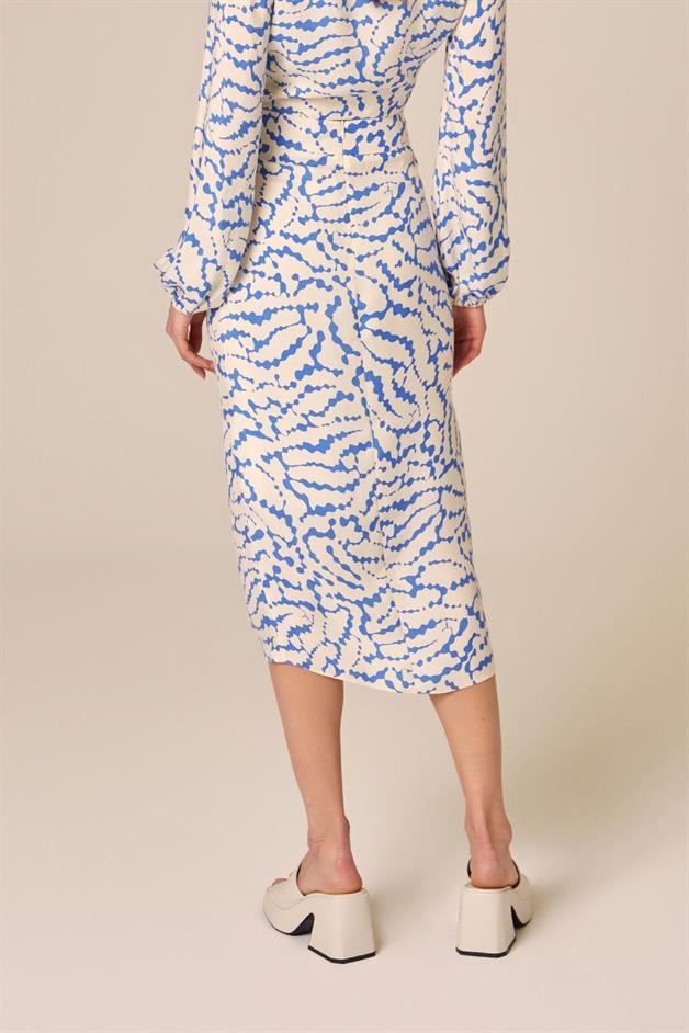 Drape Detaylı Desenli Mavi Etek
