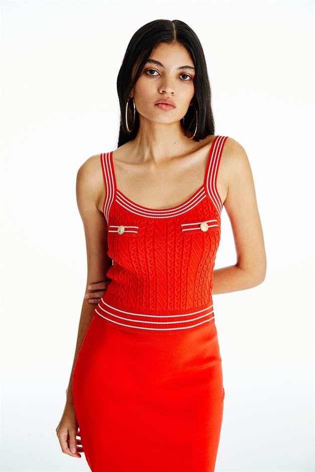 Düğme Detaylı Askılı Narçiçeği Triko Bluz