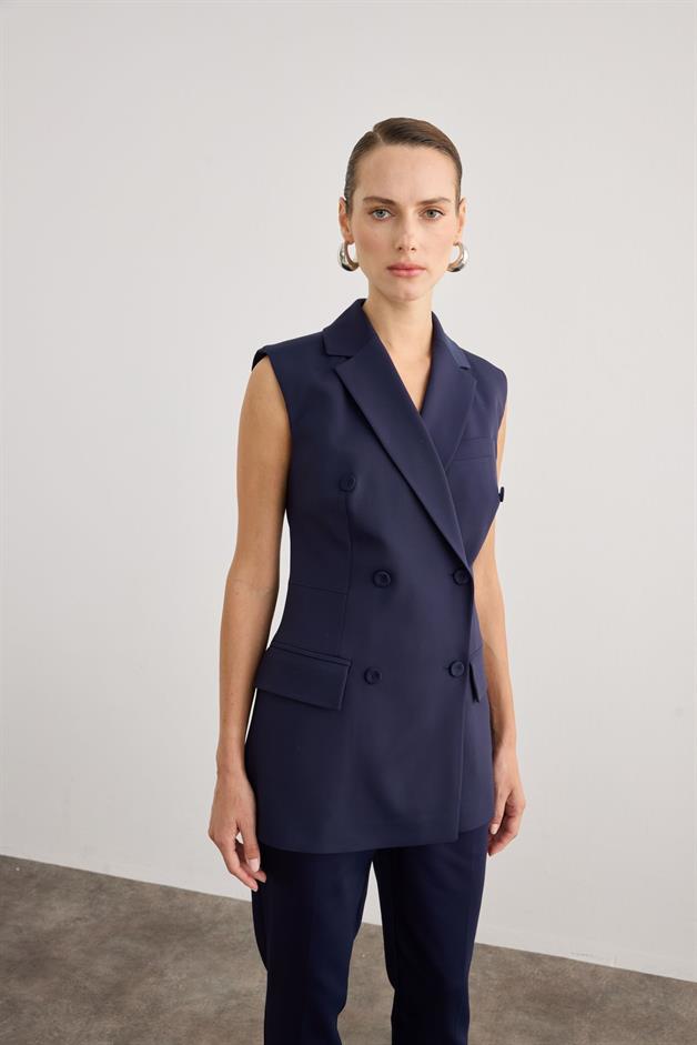Buttoned Sleeveless Navy Vest