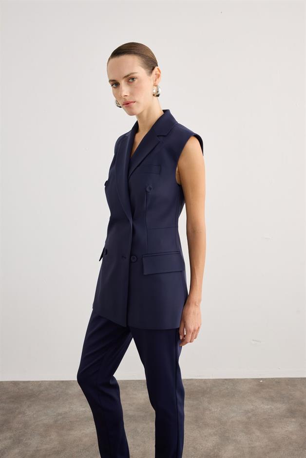 Buttoned Sleeveless Navy Vest