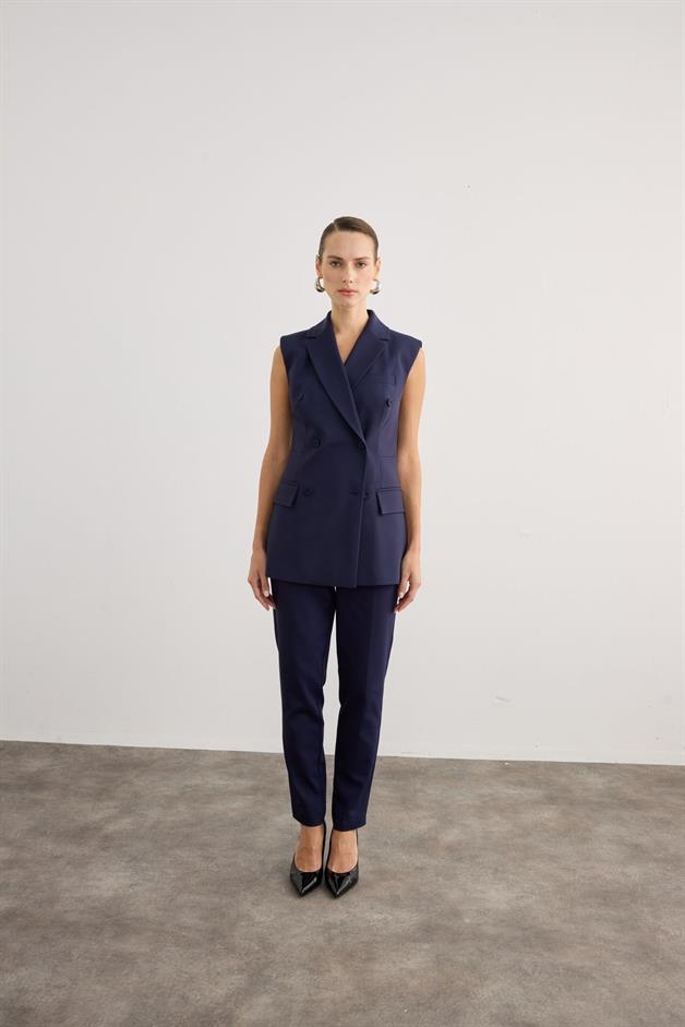Buttoned Sleeveless Navy Vest