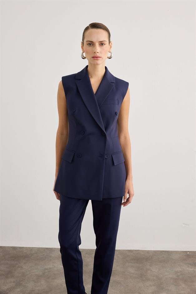 Buttoned Sleeveless Navy Vest