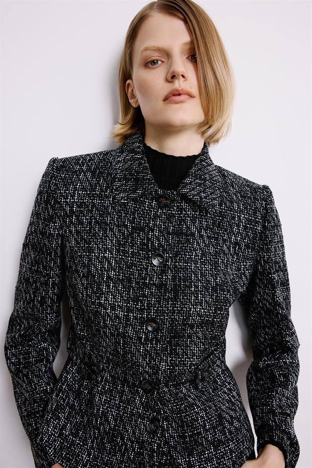 Black Tweed Blazer With Button Detail