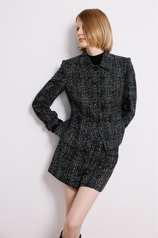 Black Tweed Blazer With Button Detail