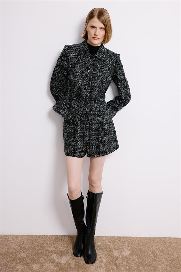 Black Tweed Blazer With Button Detail