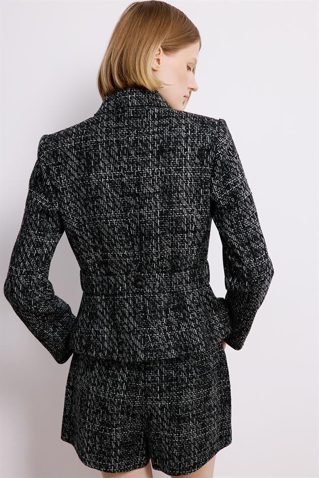 Black Tweed Blazer With Button Detail