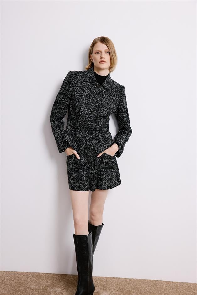Black Tweed Blazer With Button Detail
