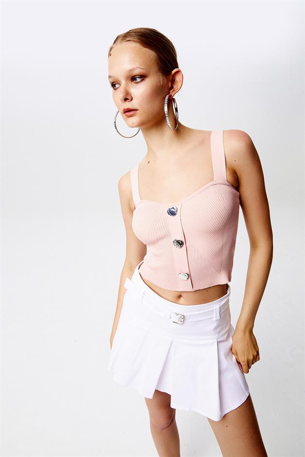 Düğmeli Pudra Triko Top